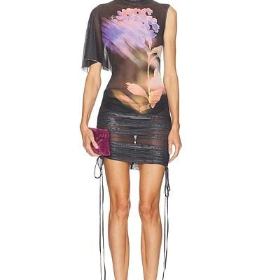 David Koma Asymmetric Sleeve Printed Mesh Mini Dress