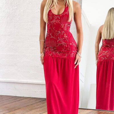 Beginning Boutique Aella Red Beaded Halter Maxi Dress - Image 1