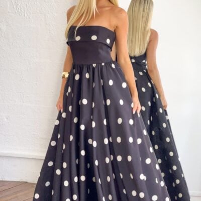 Beginning Boutique Julianne Strapless Polka Dot Satin Maxi Dress - Image 1