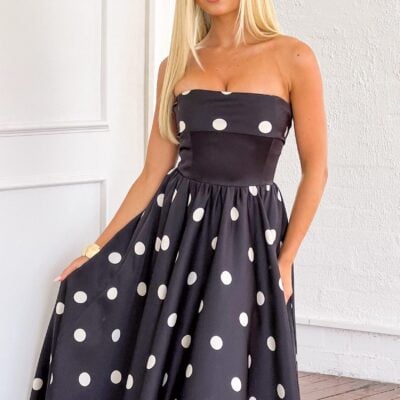 Beginning Boutique Julianne Strapless Polka Dot Satin Maxi Dress - Image 2