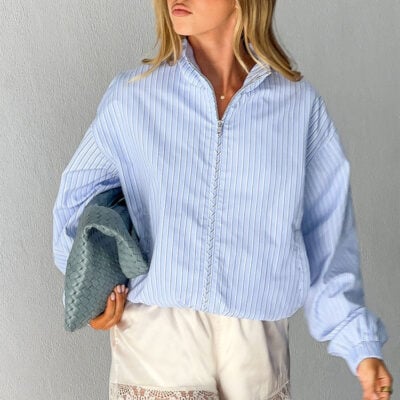 Beginning Boutique Lee Blue Stripe Funnel Neck Jacket - PRE ORDER - Image 1