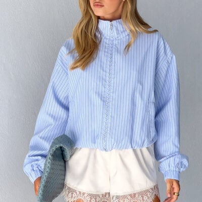 Beginning Boutique Lee Blue Stripe Funnel Neck Jacket - PRE ORDER - Image 2