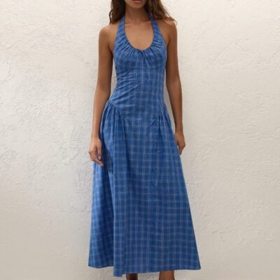 Faithfull The Brand Del Ros Midi Dress Flor Check Cobalt — XXS - Image 1