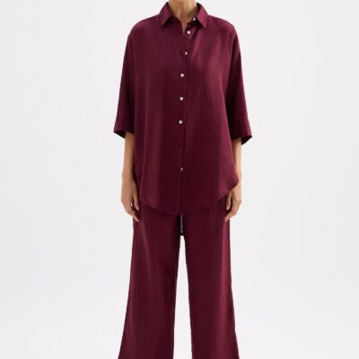 Nude Lucy LOUNGE LINEN LONGLINE SHIRT — Merlot - Image 1