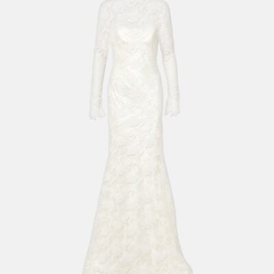 Danielle Frankel Bridal Adena Floral Lace-Trimmed Wool And Silk Gown