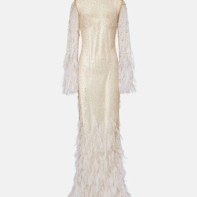 Clio Peppiatt Mia Embellished Feather-Trimmed Tulle Gown