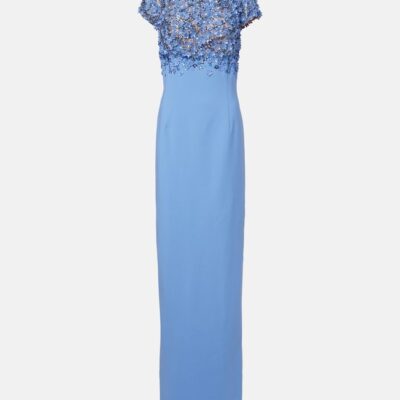 Oscar De La Renta Porcelain Flower Embellished Wool-Blend Gown