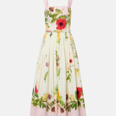 Oscar De La Renta Belted Floral Cotton-Blend Poplin Midi Dress