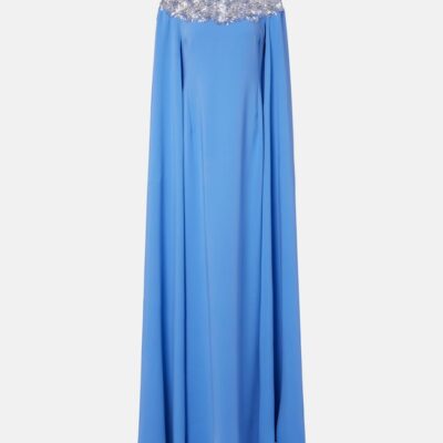 Oscar De La Renta Embellished Caped Silk-Blend Gown