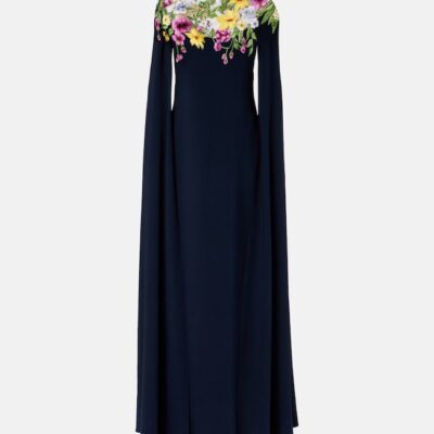 Oscar De La Renta Embroidered Caped Silk-Blend Gown