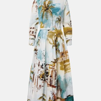 Oscar De La Renta Pleated Printed Cotton-Blend Cocktail Dress