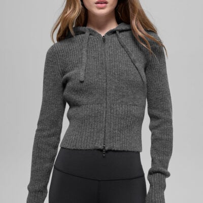 Alo Yoga Wool Cashmere Ribbed Noble Full Zip Hoodie - Platinum Grey - Image 1