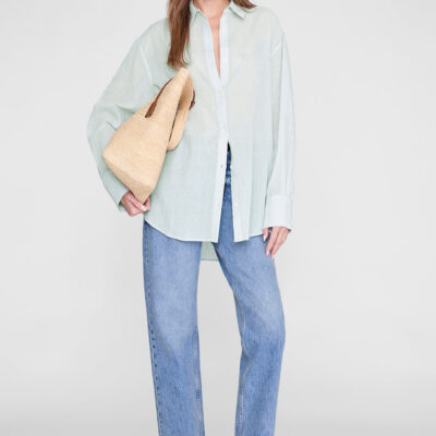 Anine Bing Plaza Shirt - Green And White Mini Stripe — XS - Image 1