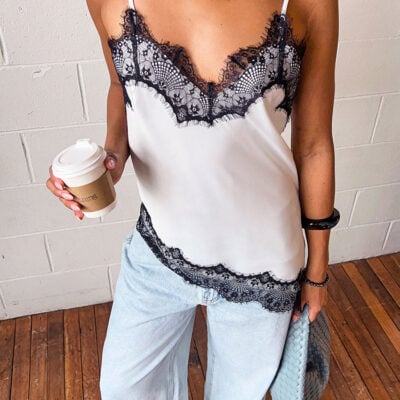 Beginning Boutique Ziva White Satin Lace Trim Asymmetrical Top — 4 - Image 1