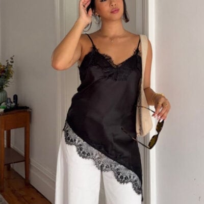 Beginning Boutique Ziva Black Satin Lace Trim Asymmetrical Top — 10 - Image 1