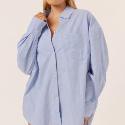 Crop Shop Boutique Stripe Oversized Button Up Shirt | Dusty Blue — XXS - Image 1