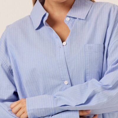 Crop Shop Boutique Stripe Oversized Button Up Shirt | Dusty Blue — XXS - Image 2