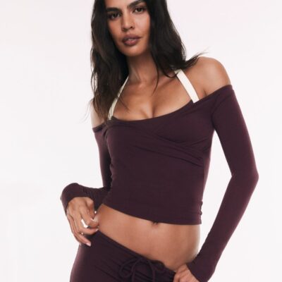 Crop Shop Boutique Off Shoulder Wrap Top | Espresso — XXS - Image 1