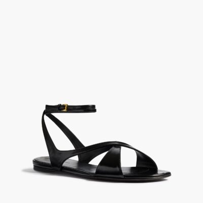 Khaite Liria Ankle Strap Flat Sandal in Black Glazed Leather - Image 2