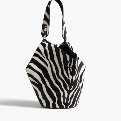 Khaite Small Lotus Tote in Zebra Print Haircalf and Black Suede — BLACK / WHITE - Image 1