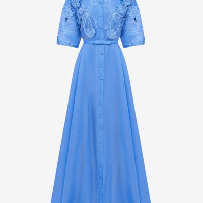 LEO LIN Junia Appliqué Puff Sleeve Silk Gown - Azure — AU 6 (US 2) - Image 1