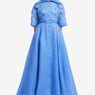 LEO LIN Junia Appliqué Puff Sleeve Silk Gown - Azure — AU 6 (US 2) - Image 2