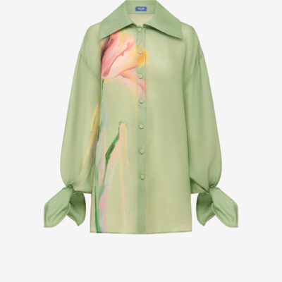 LEO LIN Christina Bow Blouse - Tulip Print in Green - Image 1