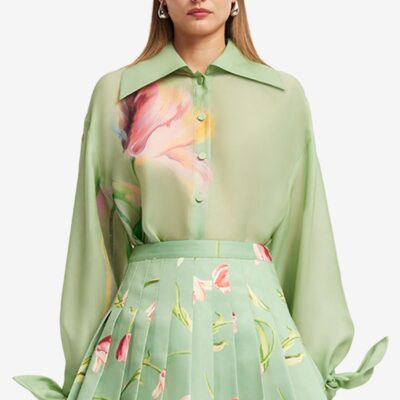 LEO LIN Christina Bow Blouse - Tulip Print in Green - Image 2