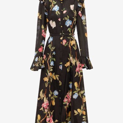 LEO LIN Katrina Butterfly Sleeve Midi Dress - Lemon Vine Print in Ebony — AU 6 (US 2) - Image 1