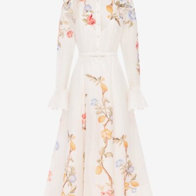 LEO LIN Selina Butterfly Sleeve Midi Dress - Lemon Vine Print in Snow — AU 6 (US 2) - Image 1