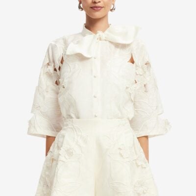 LEO LIN Brooklyn Appliqué Bow Puff Sleeve Top - Snow — AU 6 (US 2) - Image 2
