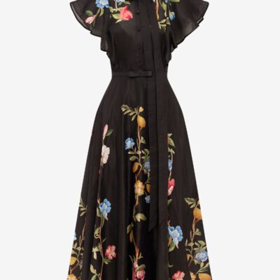 LEO LIN Elsie Flutter Sleeve Midi Dress - Lemon Vine Print in Ebony — AU 6 (US 2) - Image 1