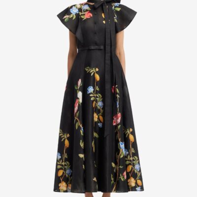 LEO LIN Elsie Flutter Sleeve Midi Dress - Lemon Vine Print in Ebony — AU 6 (US 2) - Image 2