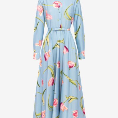 LEO LIN Zara Shirt Midi Dress - Tulip Print in Blue - Image 1