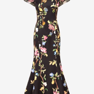 LEO LIN Sofia Embellished Puff Sleeve Maxi Dress - Lemon Vine Print in Ebony - Image 1
