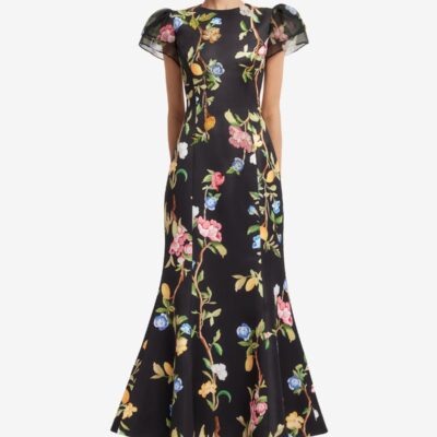 LEO LIN Sofia Embellished Puff Sleeve Maxi Dress - Lemon Vine Print in Ebony - Image 2