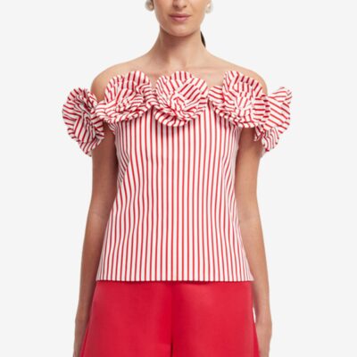 LEO LIN McKayla Off-Shoulder Top - Stripes in Scarlet - Image 2