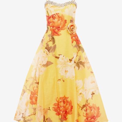 LEO LIN Mariela Embellished Midi Dress - Peony Print in Yellow - Image 1