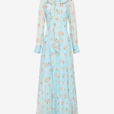 LEO LIN Lilith Tie Neck Maxi Dress - Ditsy Floral Print in Blue - Image 1