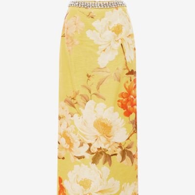 LEO LIN Kyra Embellished Maxi Skirt - Peony Print in Yellow - Image 1