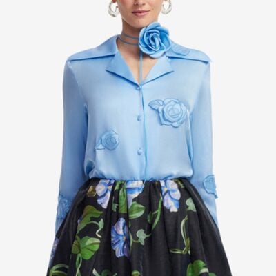 LEO LIN Kristina Appliqué Silk Blouse - Pastel Blue - Image 2
