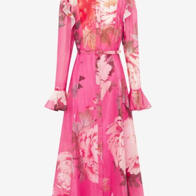 LEO LIN Katrina Butterfly Sleeve Midi Dress - Peony Print in Fuchsia - Image 1