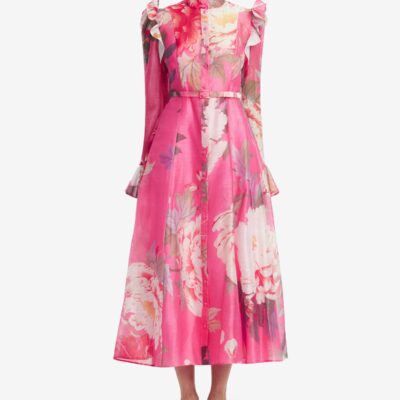 LEO LIN Katrina Butterfly Sleeve Midi Dress - Peony Print in Fuchsia - Image 2