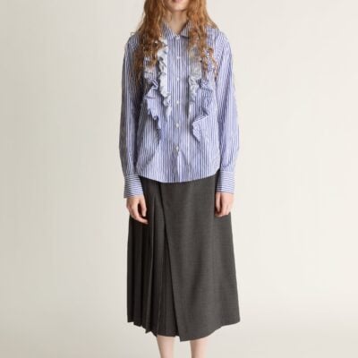 Lee Mathews Ivy Stripe Ruffle Shirt — Navy - Image 1