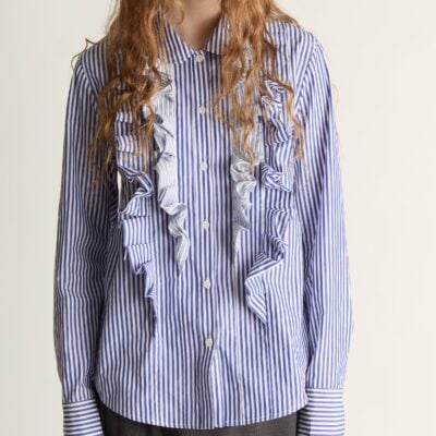 Lee Mathews Ivy Stripe Ruffle Shirt — Navy - Image 2