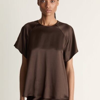 Lee Mathews Stella Silk Satin Raglan Tee — Chocolate - Image 1