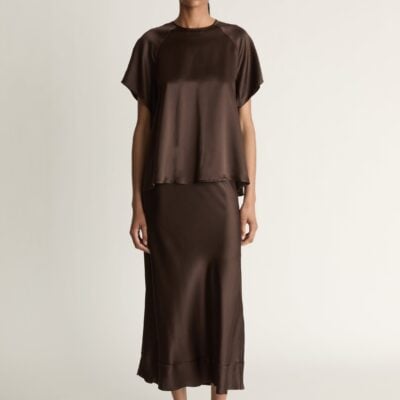 Lee Mathews Stella Silk Satin Raglan Tee — Chocolate - Image 2