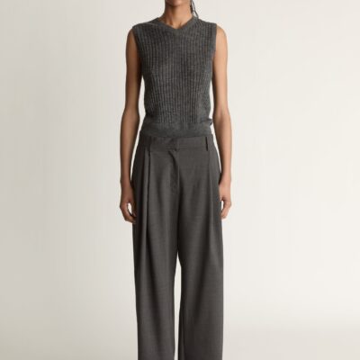 Lee Mathews Myles Wool Satin Stripe Pant — Charcoal - Image 1