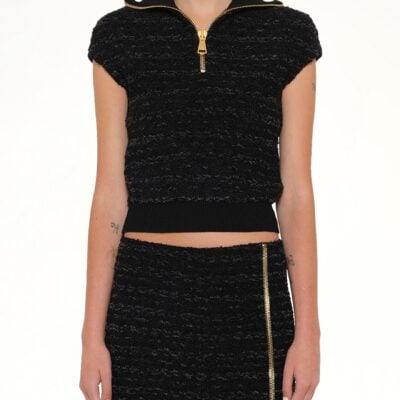 MARAIS Zipped Short Sleeve Knit Tweed Top in Black - Image 1