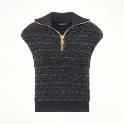 MARAIS Zipped Short Sleeve Knit Tweed Top in Black - Image 2